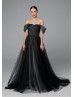 Off Shoulder Black Pleated Tulle Wedding Dress